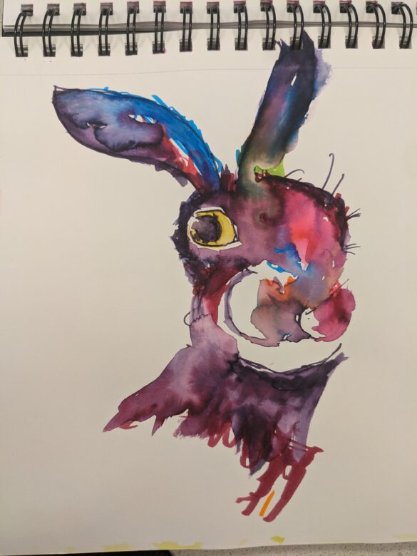 Wounded bunny, inner animal. Hurt hare. Water colour bunny rabbit. Dark colours, painting